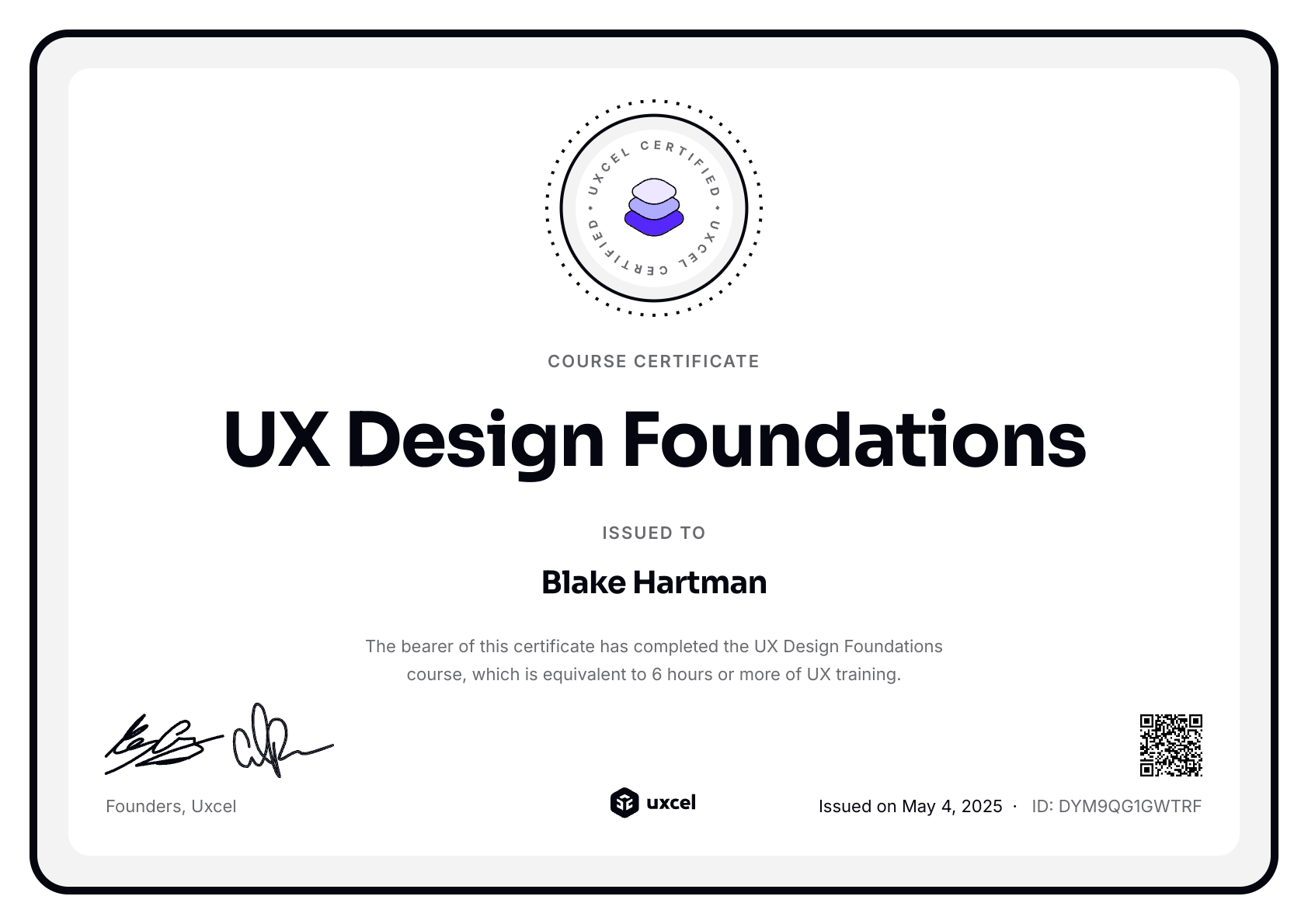 Blake Hartman's certificate